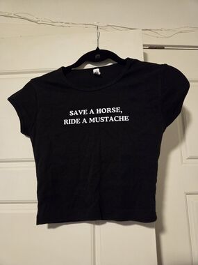 Black Graphic Baby Tee - "Save a Horse, Ride a Mustache"